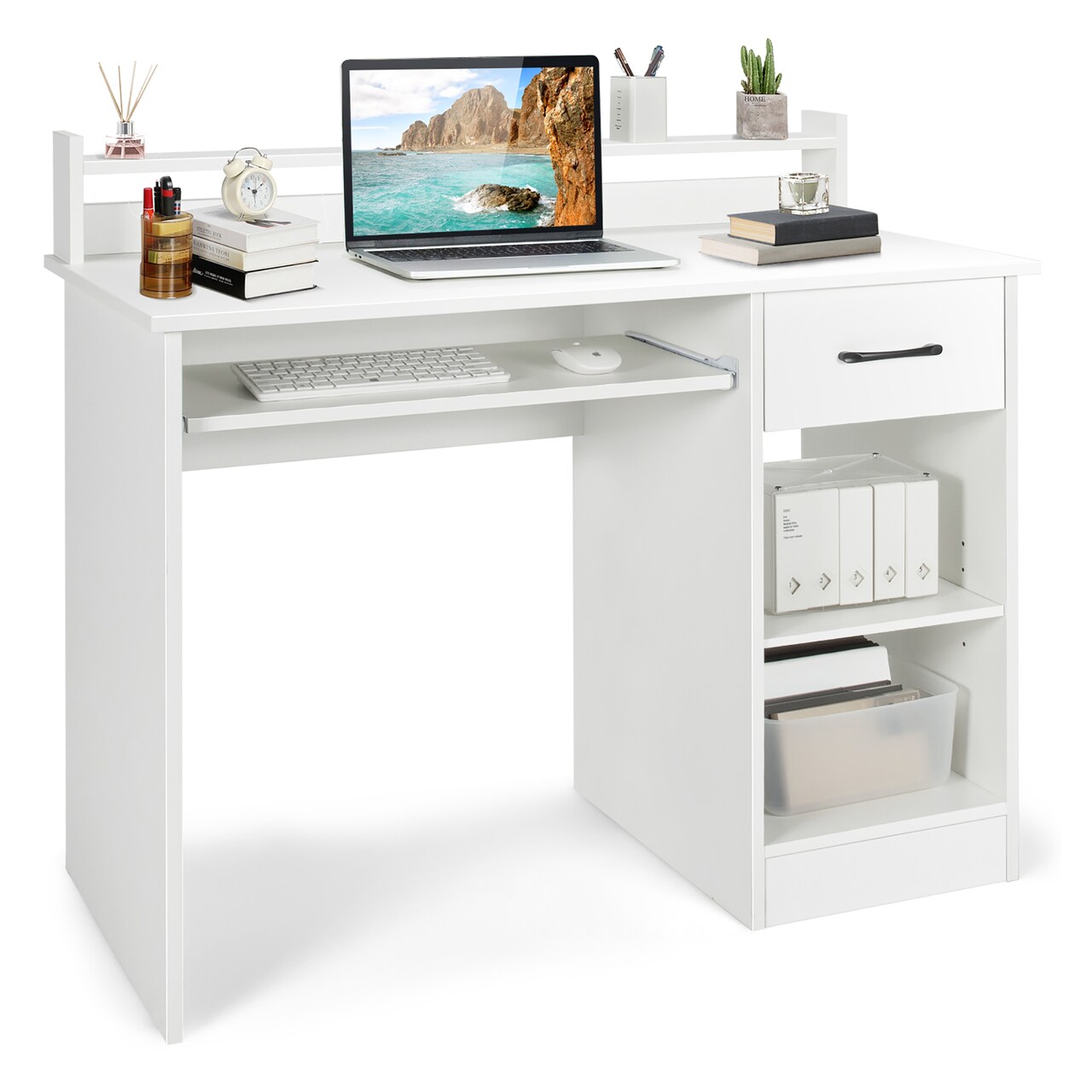 Costway 22" Wide Computer Desk Writing Study Laptop Table w/ Drawer & Keyboard Tray White\Black